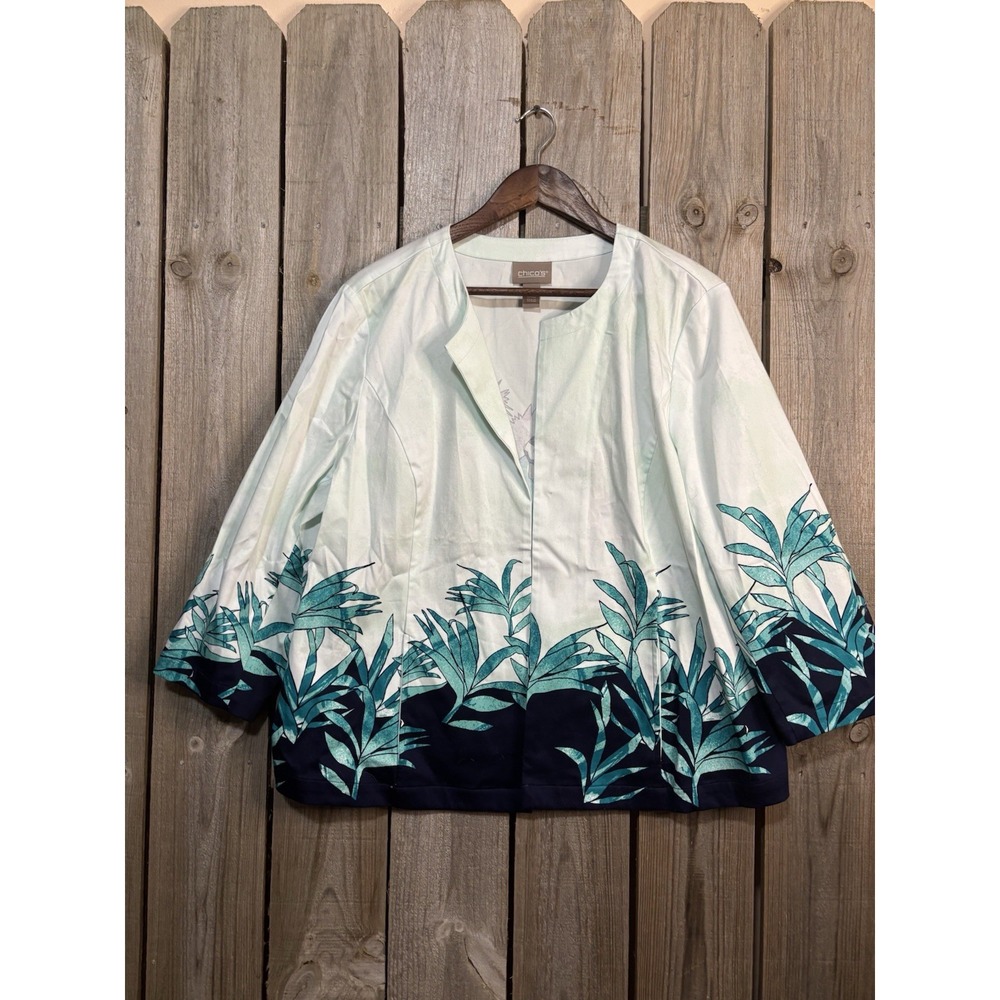 Chico's Peacock Print Jacket & Graphic Tee Set Size 3 & 4 Blue Green Cotton‎